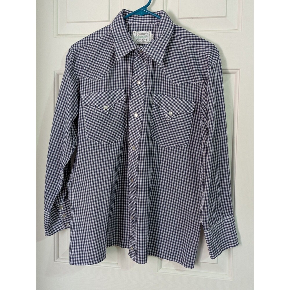 VTG H Bar C Western Shirt Navy Check Plaid Women's Petite Large 16-32 80s Retro